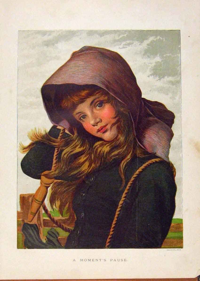 Original Old Antique Print Illustrated London Almanack Moments Pause Young Girl