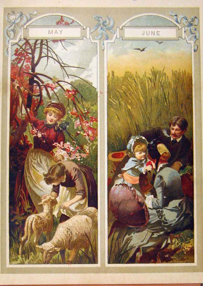 Original Old Antique Print Illustrated London Almanack May & June Scenes