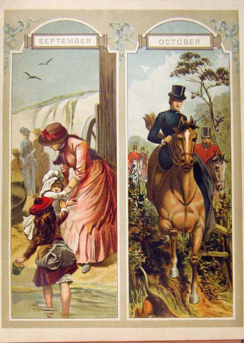 Old Antique Print Illustrated London Almanack September & October Scenes