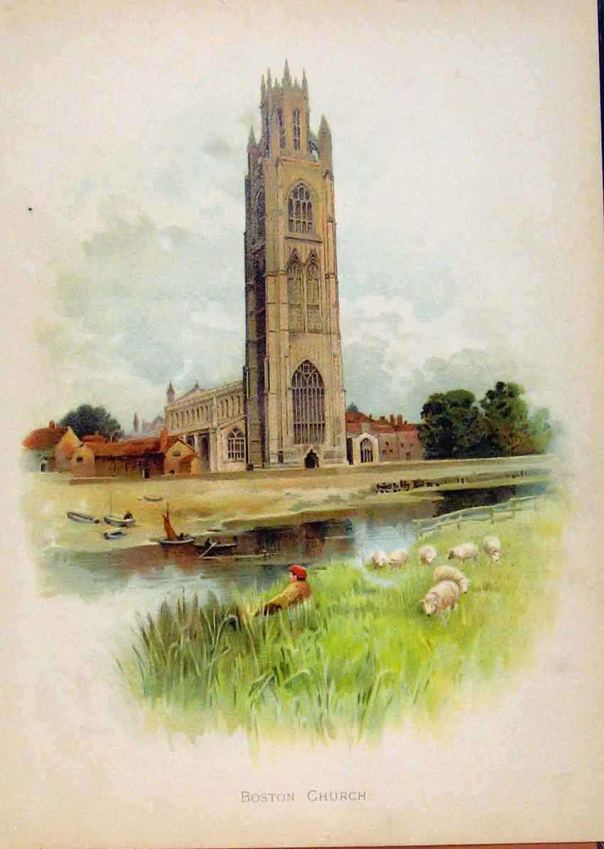 Original Old Antique Print Illustrated London Almanack Rare Color Boston Church