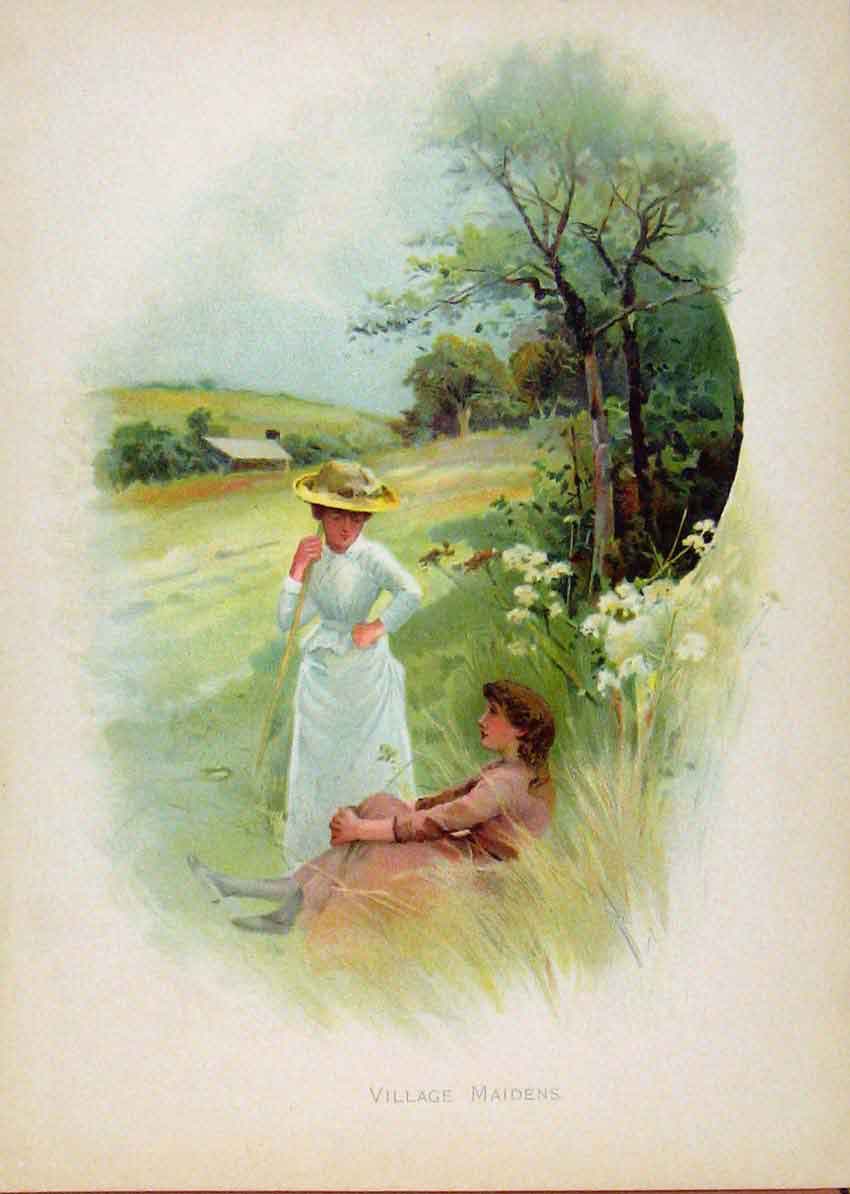 Original Old Antique Print Illustrated London Almanack Village Maidens Resting