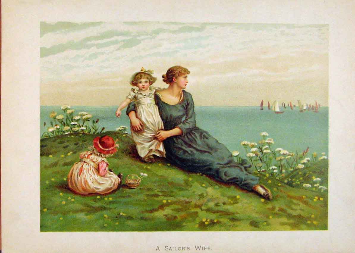 Original Old Antique Print Illustrated London Almanack Sailors Wife Watching Sea