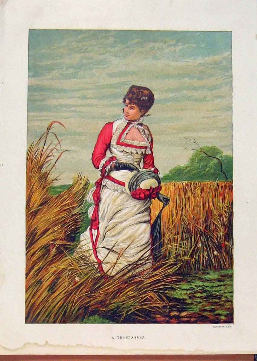 Original Old Antique Print Illustrated London Almanack Tresspasser Lady In Field