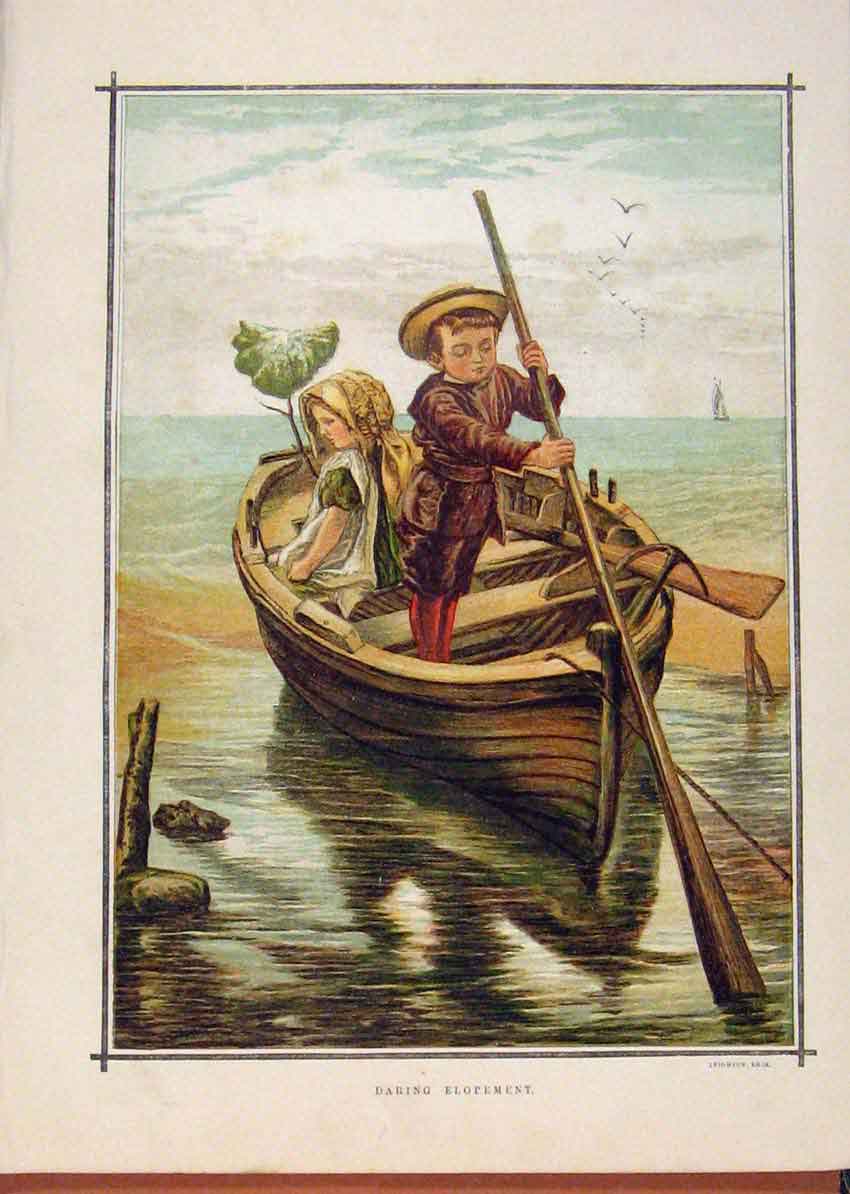 Original Old Antique Print Illustrated London Almanack Children On A Boat