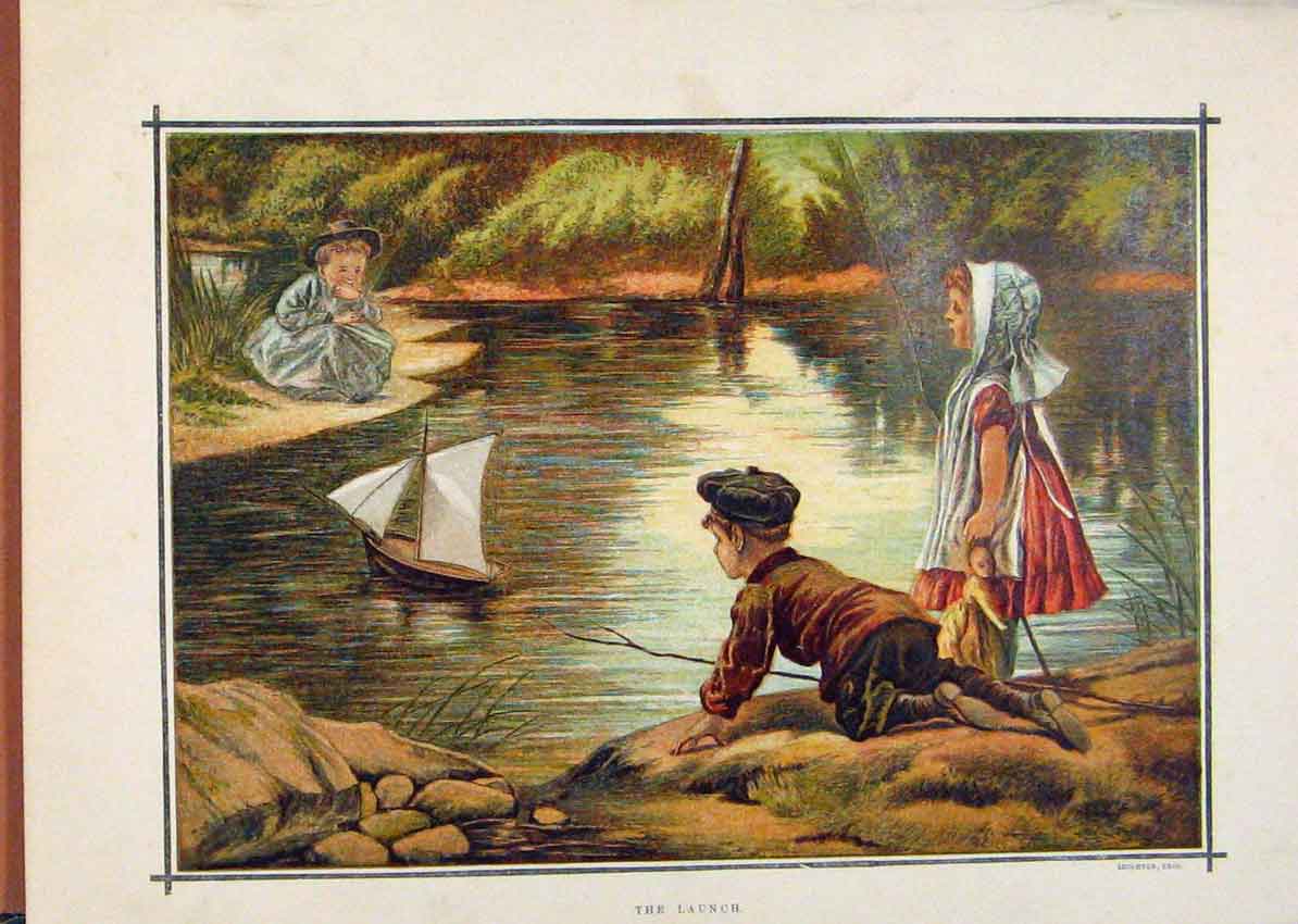 Old Antique Print Illustrated London Almanack The Launch Sail Boats Kids