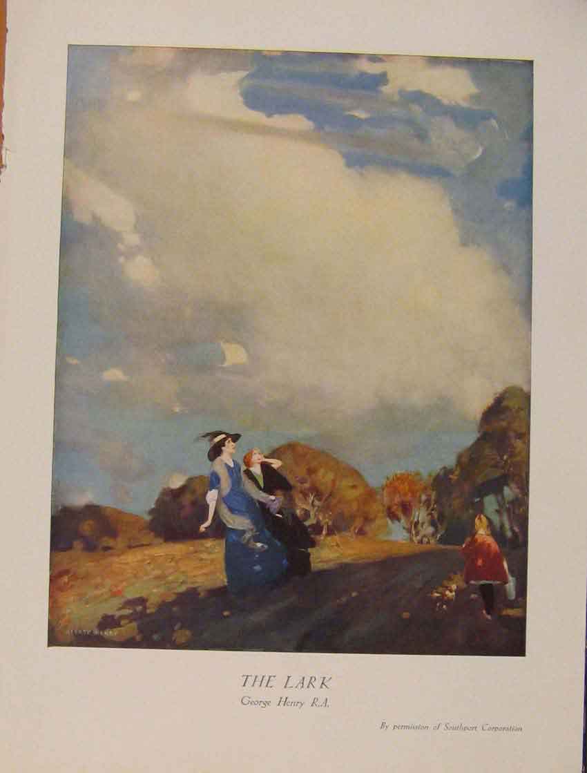Original Old Antique Print British Art The Lark George Henry Color 20th Century