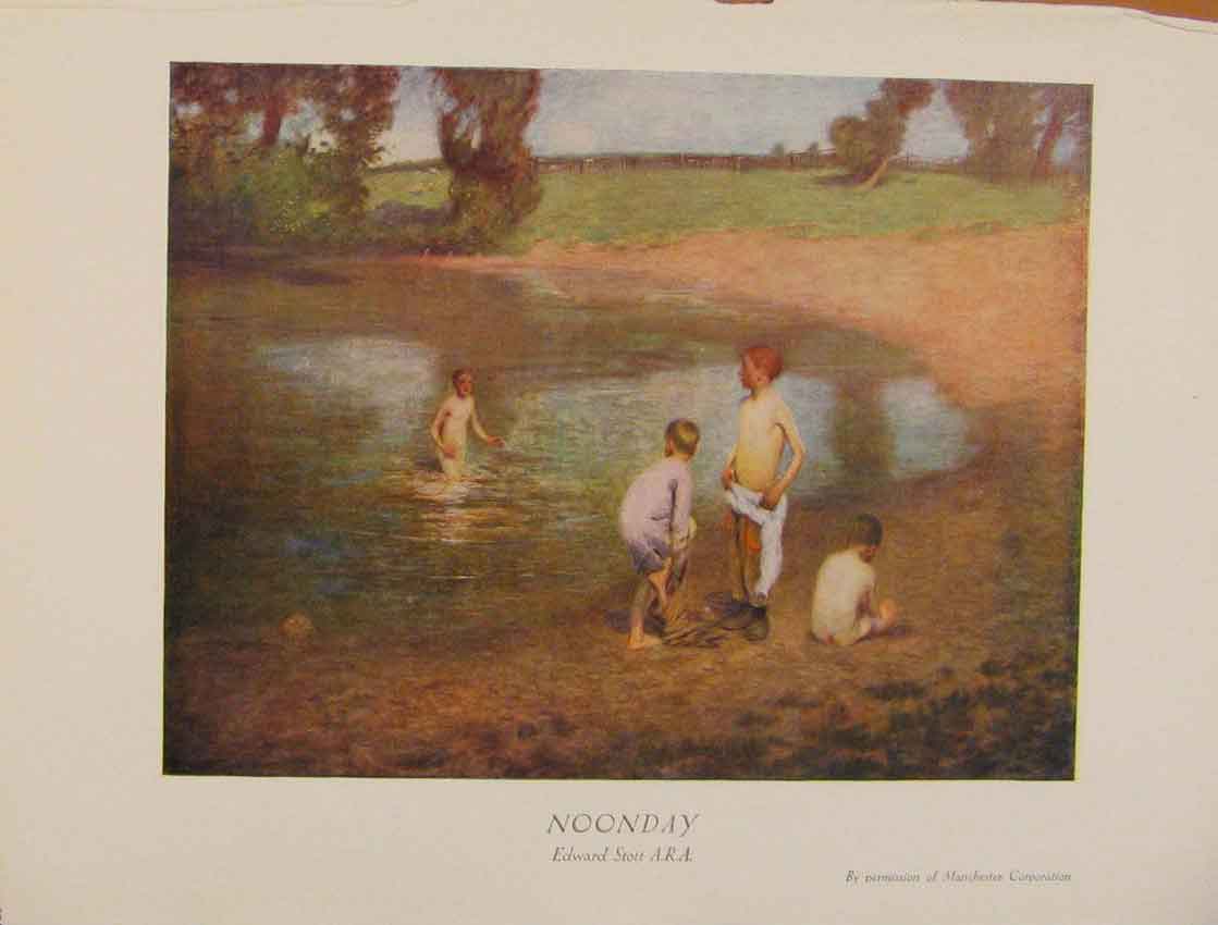 Original Old Antique Print British Art Noonday Swimming By The Lake Color