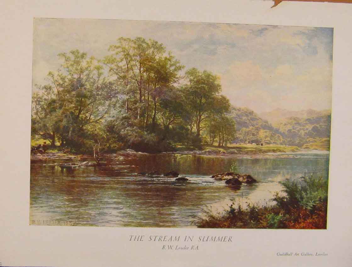 Original Old Antique Print British Art The Stream In Summer B Leader