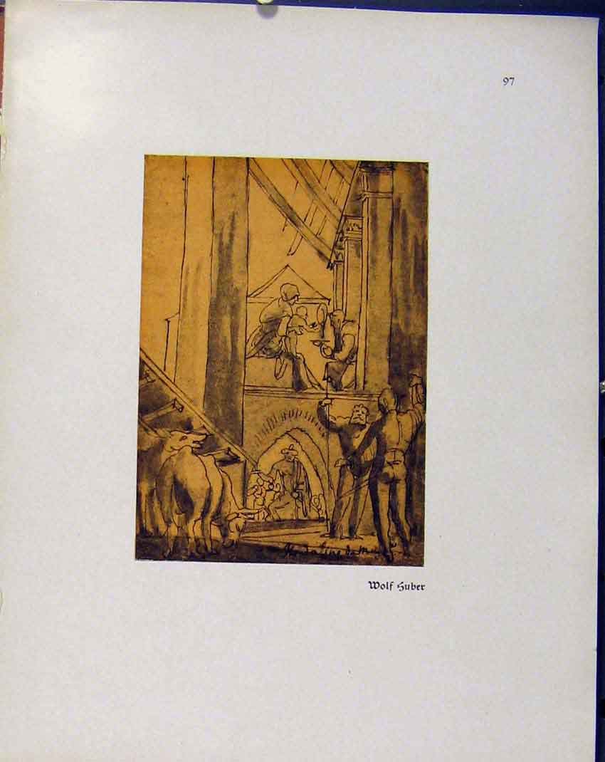 Original Old Vintage Print German Drawings Interior Living Quarters 1923 20th