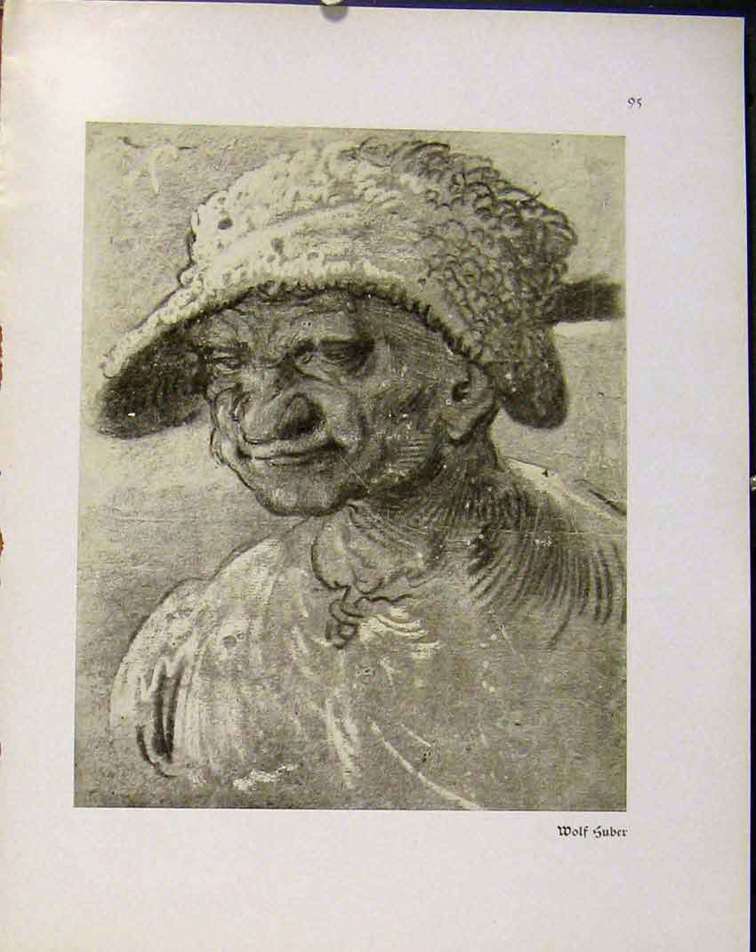 Original Old Antique Print German Drawings Portrait er Woman Wolf Suber