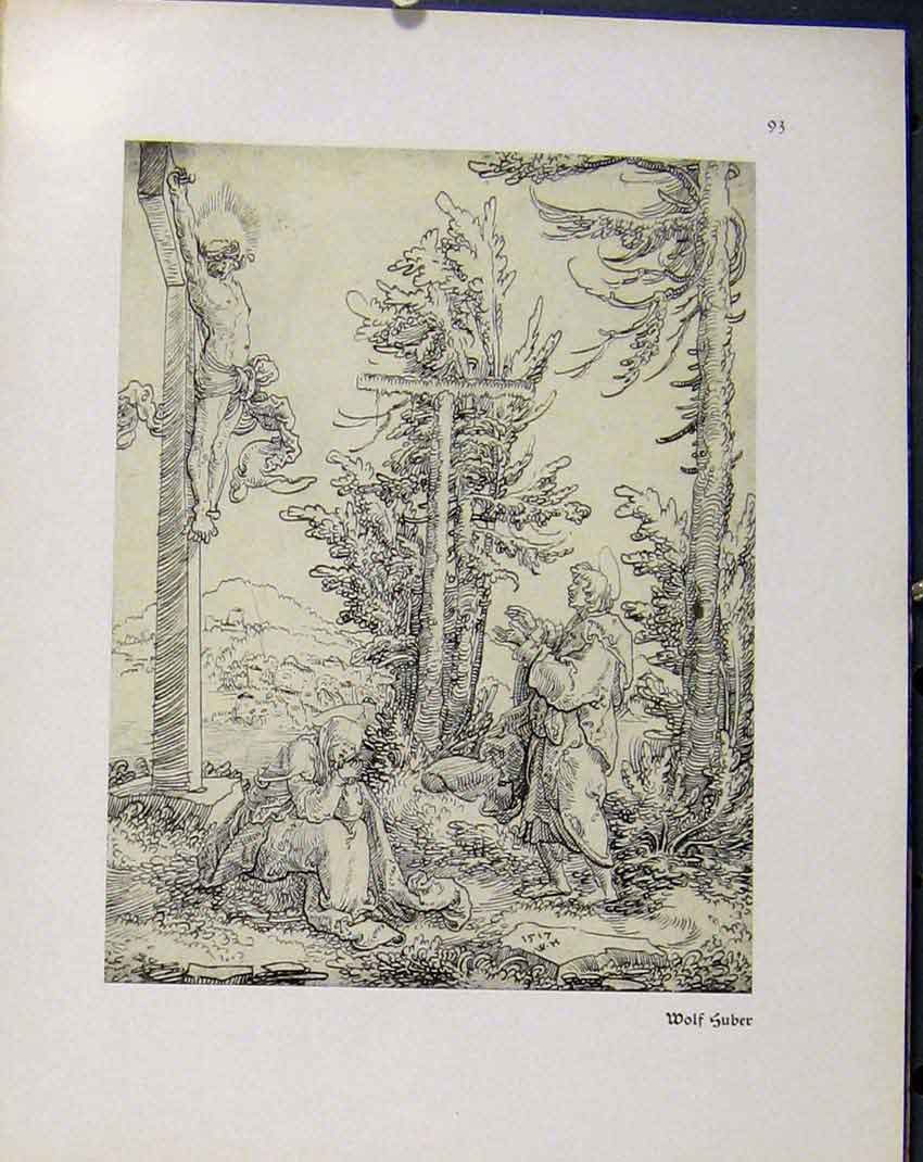 Original Old Vintage Print German Drawings Religious Jesus On Cross 1923 20th