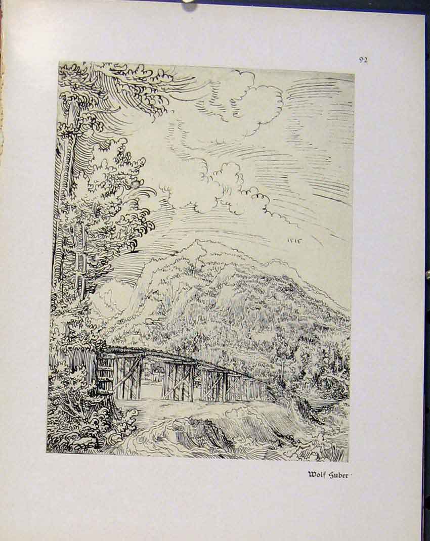 Original Old Vintage Print German Drawings Bridge Crossing Water C1923 20th