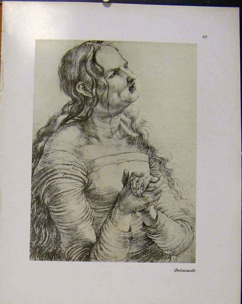 Original Old Antique Print German Drawings Grinewald Lady Portrait