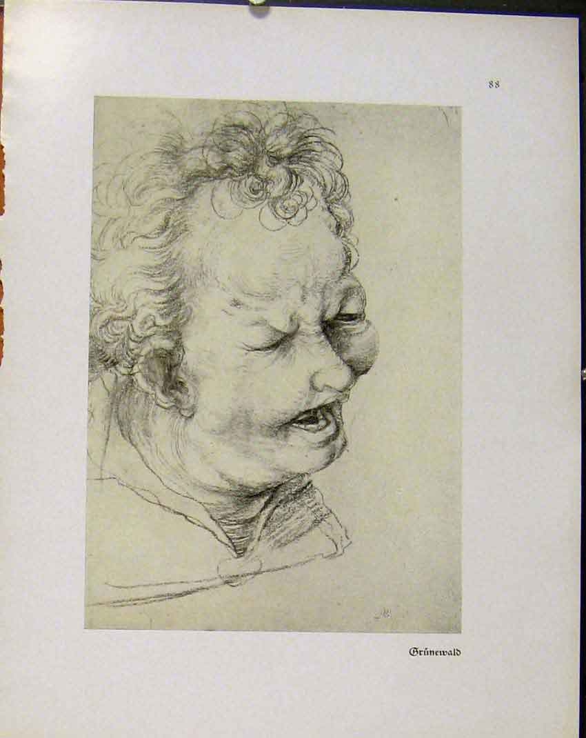 Original Old Vintage Print German Drawings Grinewald Lady Face Portrait C1925