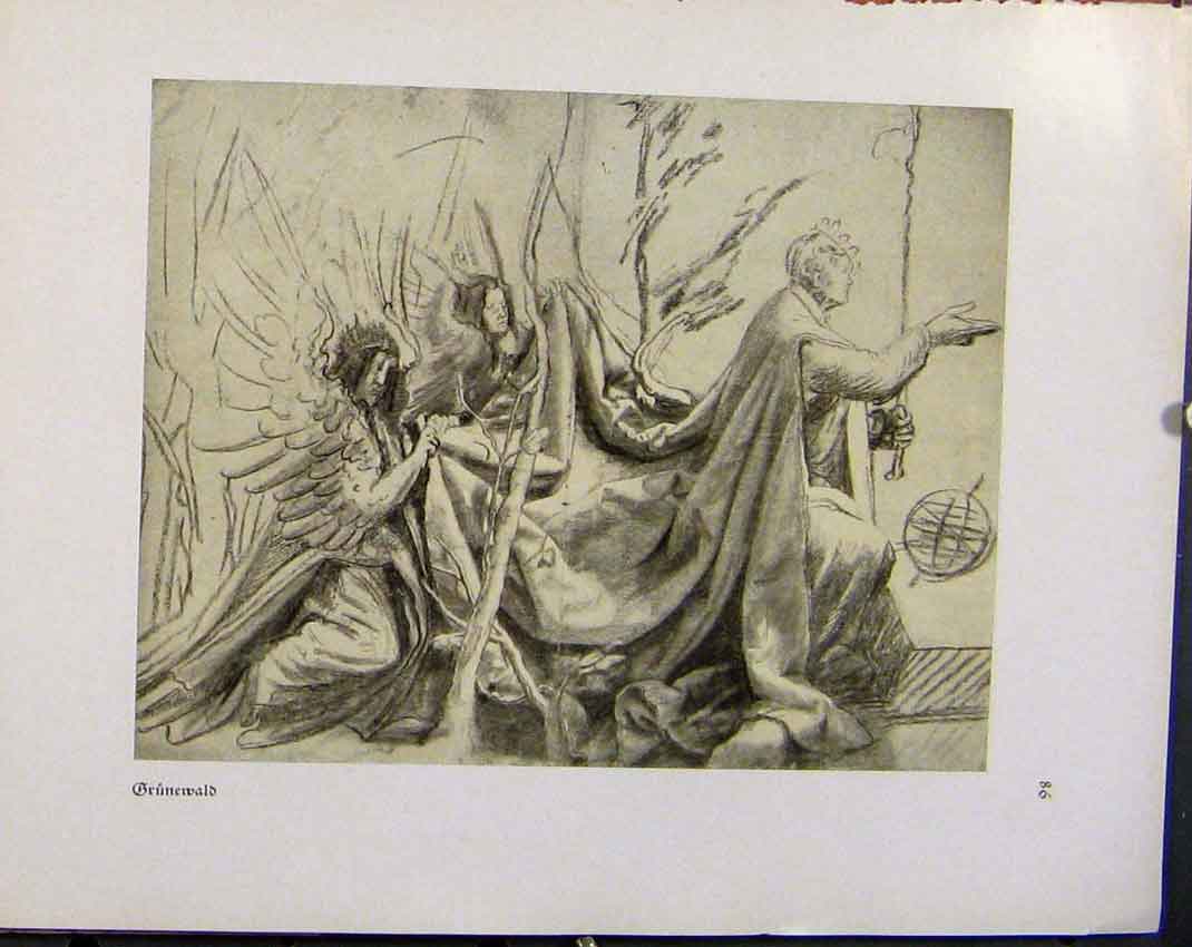 Old Antique Print German Drawings Man Walking Forth With Helper Grunewald
