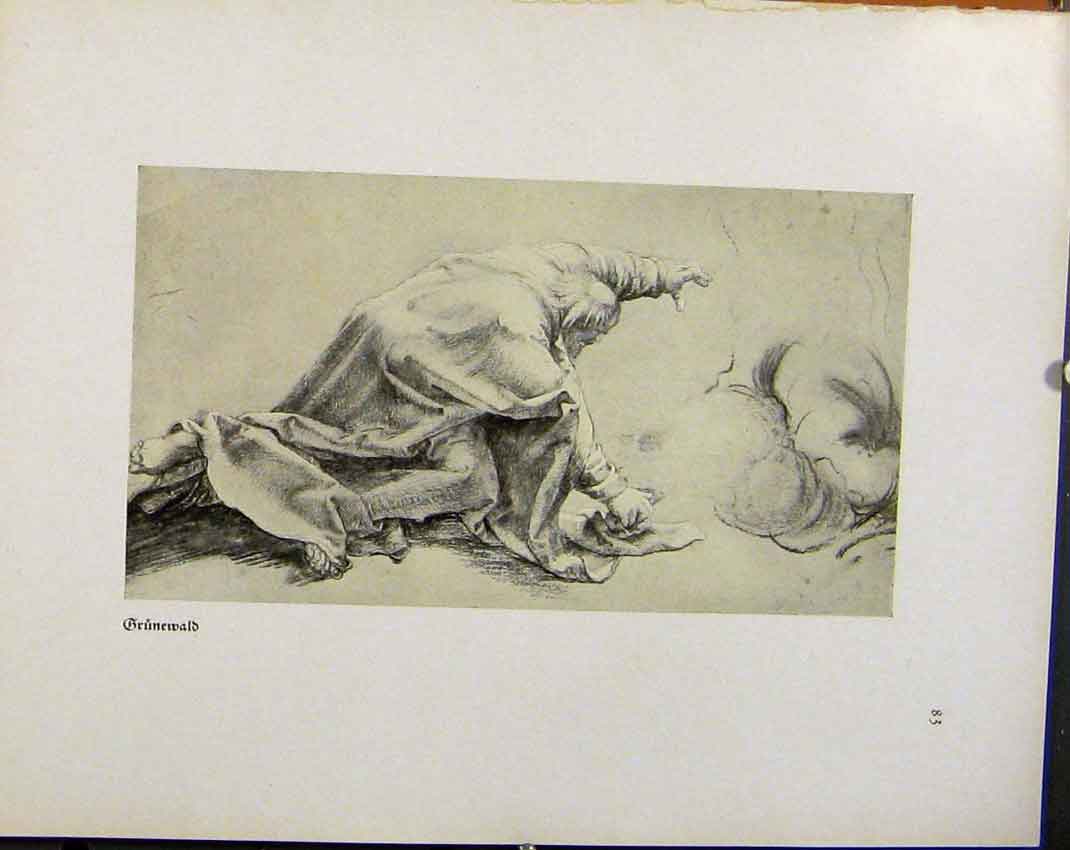 Original Old Vintage Print German Drawings Falling Man Grunewald C1923 20th