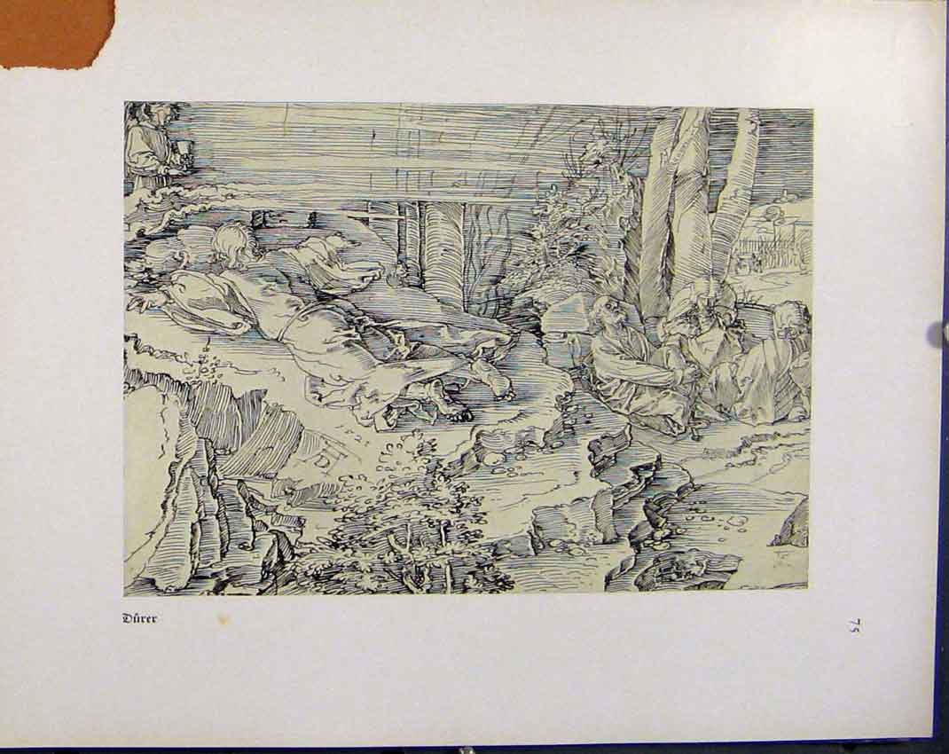 Original Old Antique Print German Drawings Sletch People Laying Around Durer