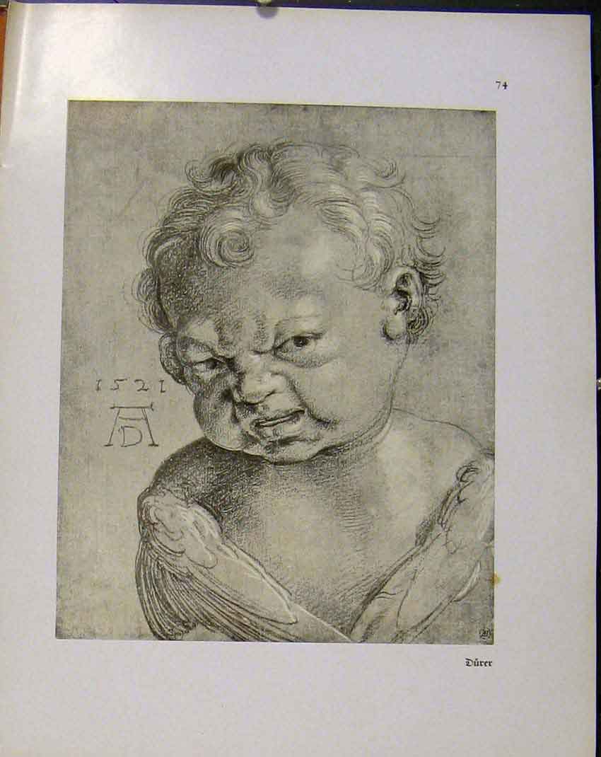 Original Old Antique Print German Drawings Portrait Baby 1521 Ad
