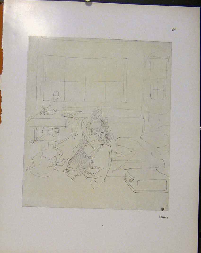Original Old Antique Print German Drawings Sketch Mother And Child Interior Hom