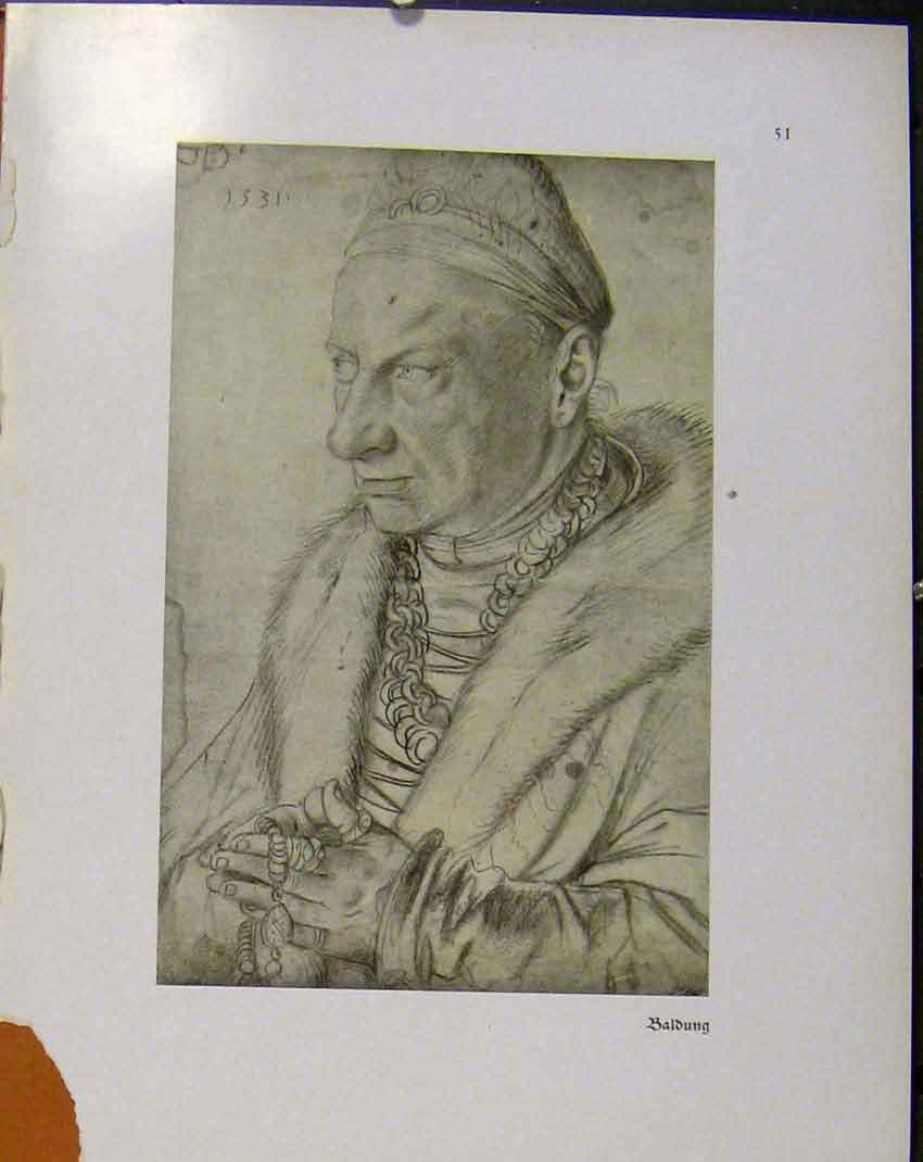 Original Old Vintage Print German Drawings Baldung Portrait Man Pope C1923 20th