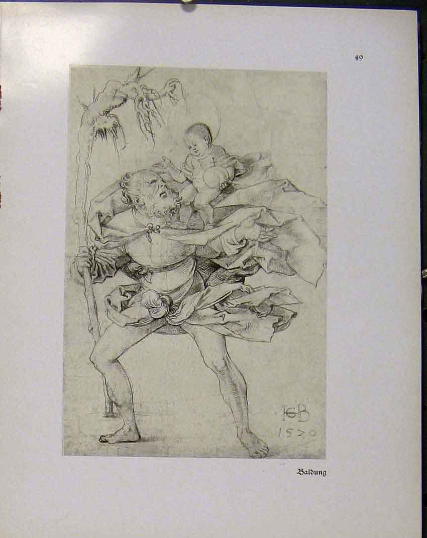 Original Old Vintage Print German Drawings Baldung Man And Baby Sketch C1923