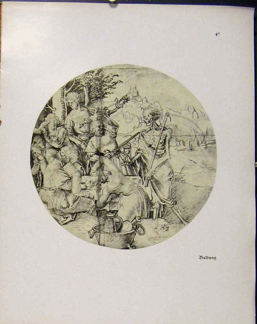 Original Old Vintage Print German Drawings Baldung Sletch Woman In Fear 1923