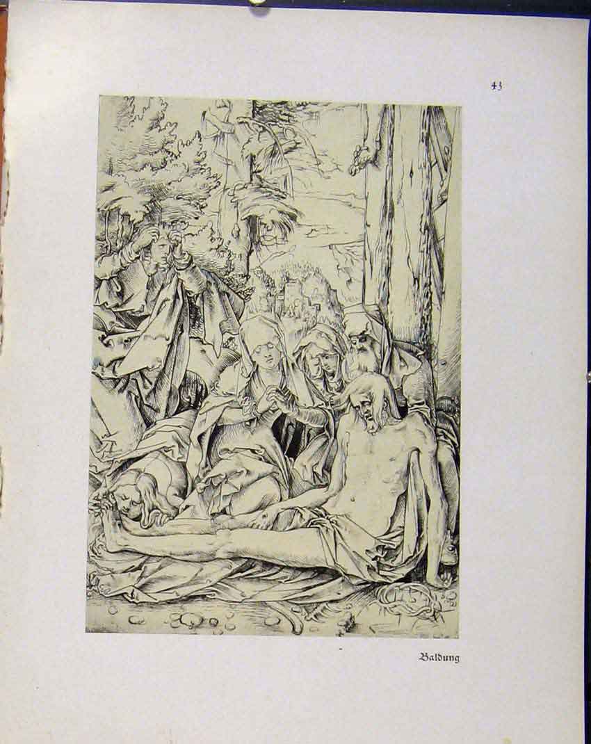 Original Old Vintage Print German Drawings Forest People Sketch Baldung C1923