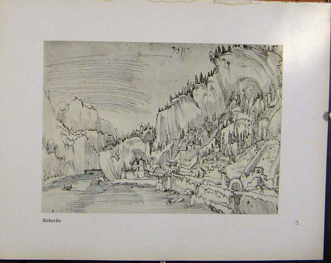 Original Old Antique Print German Drawings Ultdorfer Mountain Village And Lake