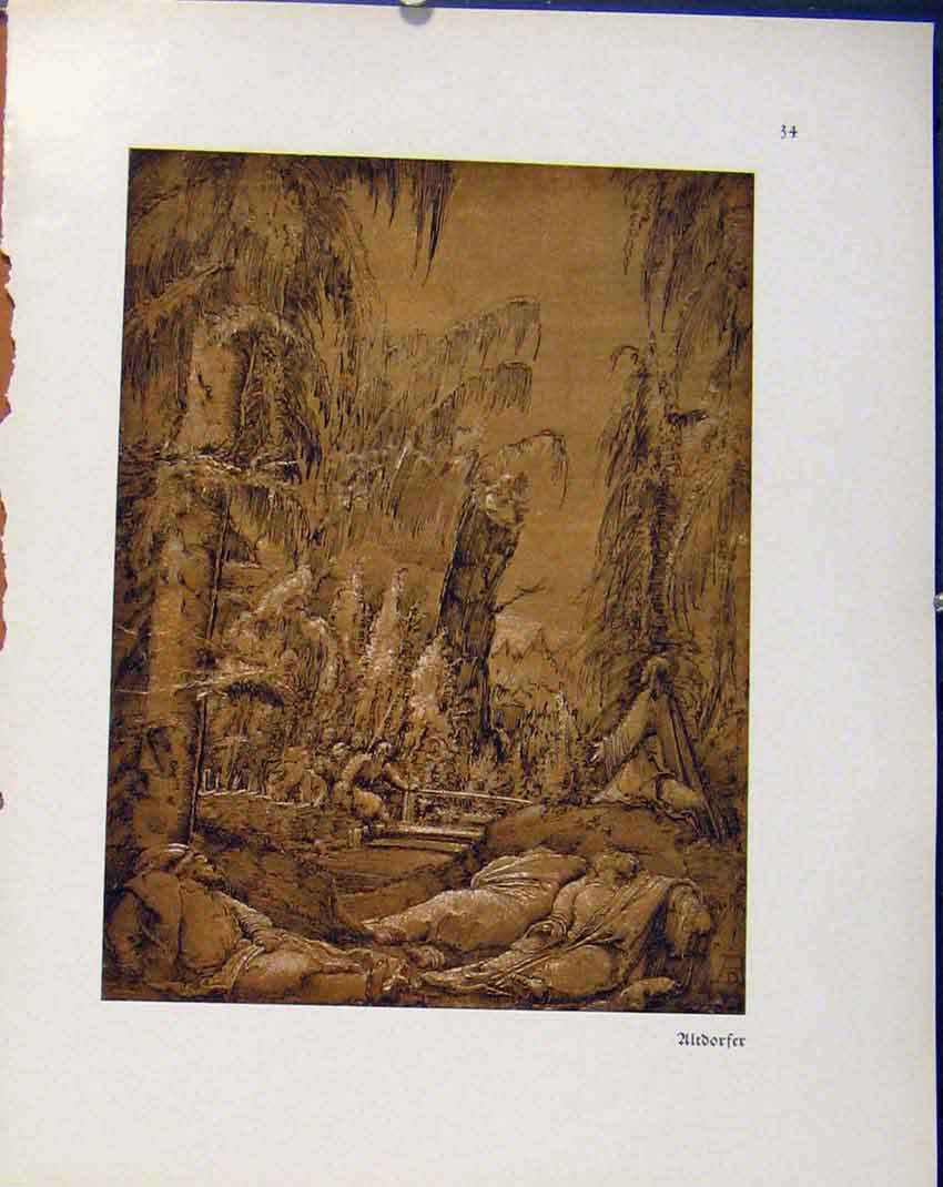 Original Old Vintage Print German Drawings Village At Night C1923 20th Century