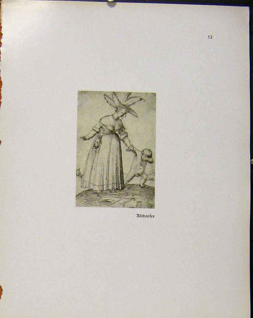 Original Old Vintage Print German Drawings Woman And Child C1923 20th Century