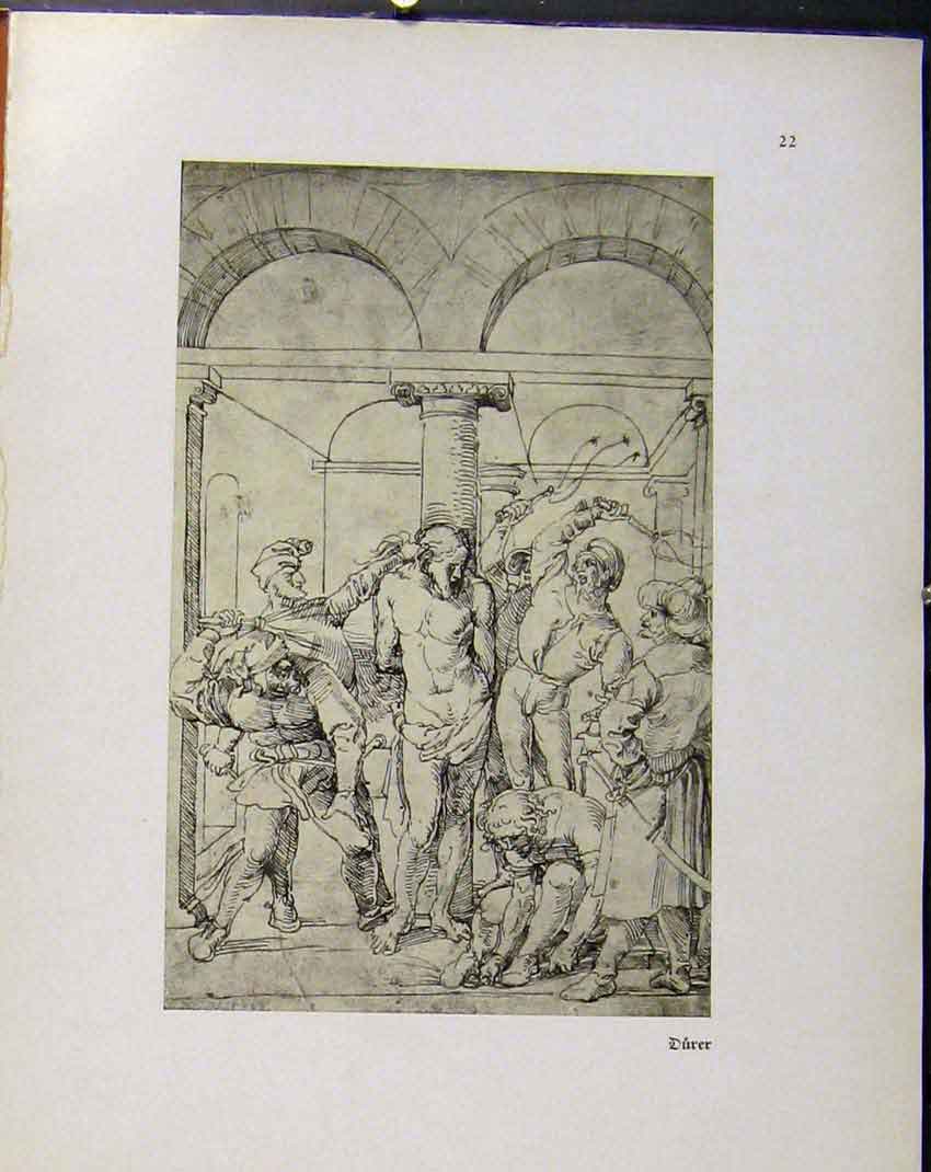 Original Old Antique Print German Drawings Beating Lashing Whipping Man Durer