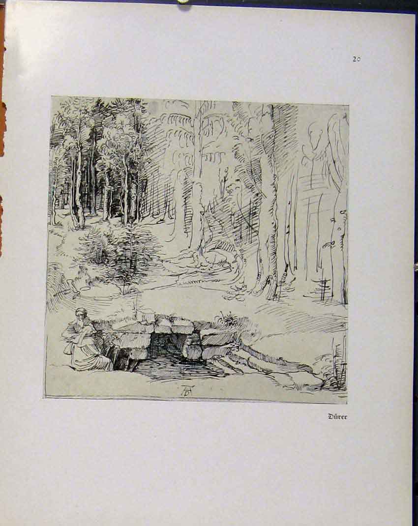Original Old Vintage Print German Drawings Man Near Rock Cave Durer C1923 20th