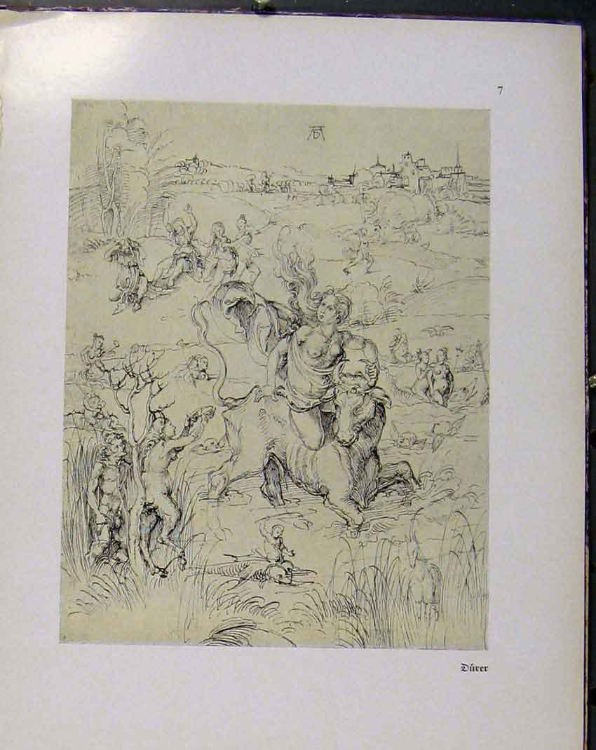 Original Old Antique Print German Drawings Lady Riding Horse Over Field People