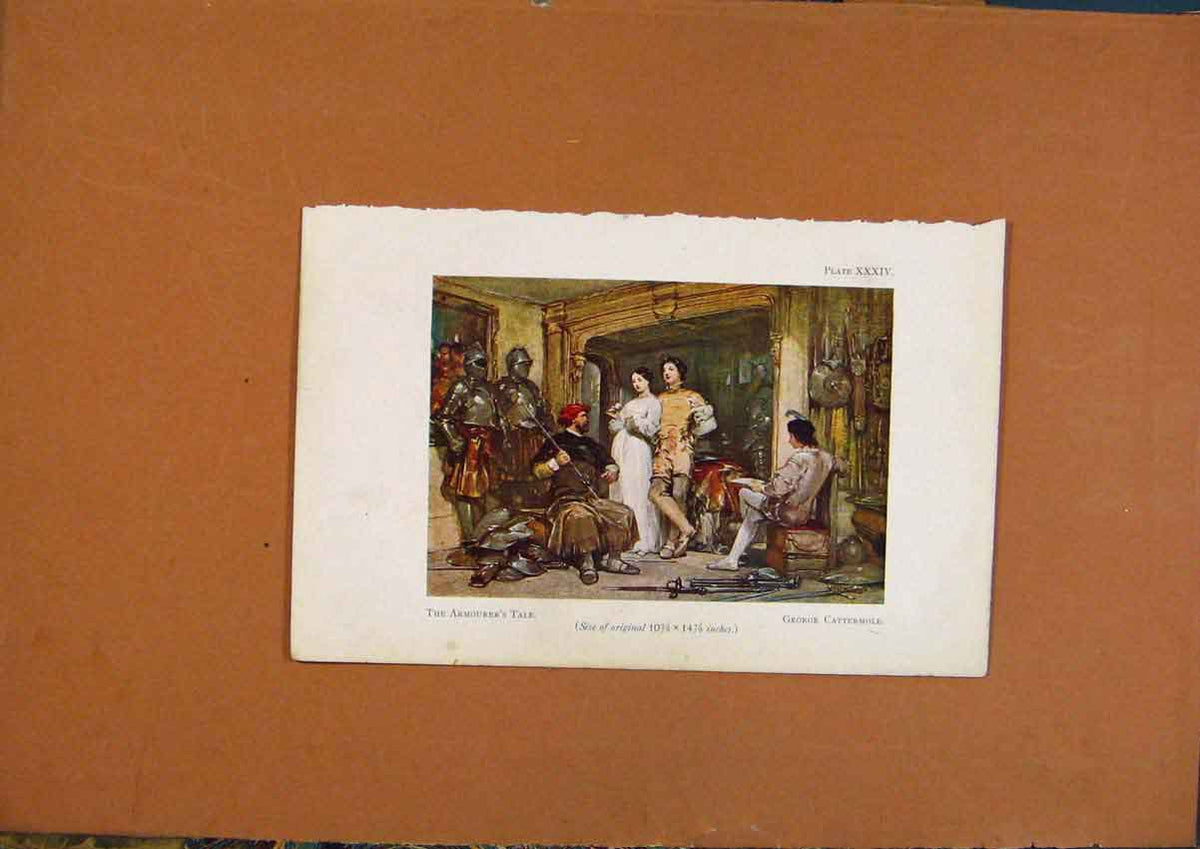 Original Old Antique Print Armourers Tale Color Art