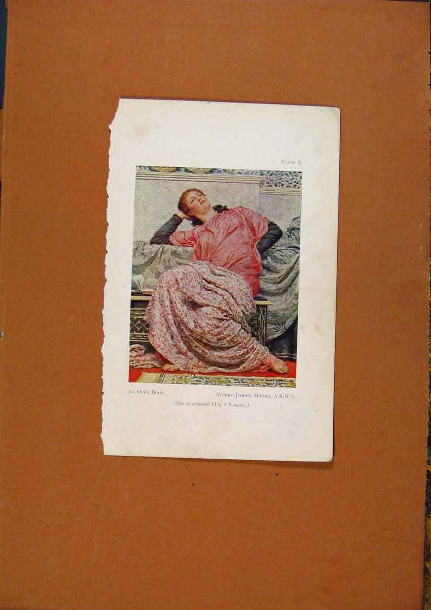Original Old Antique Print Open Book Lady Posing Color Art