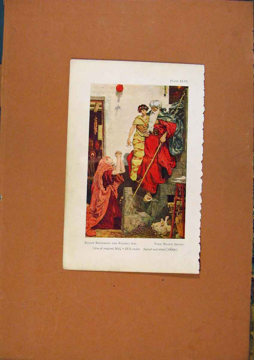 Original Old Antique Print Elijah Restoring Widows Son Color Art