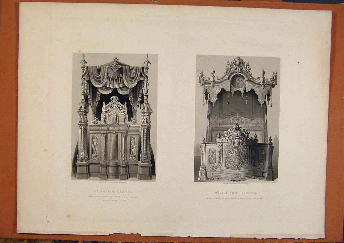 Original Old Antique Print Austrian Bedstead Walnut Tree Bedstead