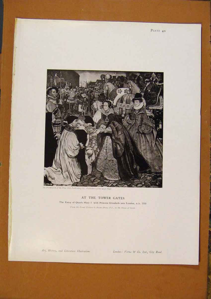 Original Old Antique Print Art History At Tower Gates