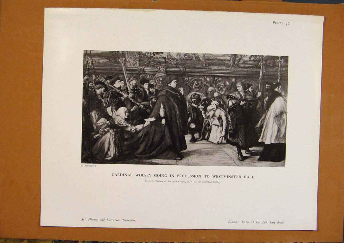 Original Old Antique Print Art History Cardinal Wolsey Procession Westminster