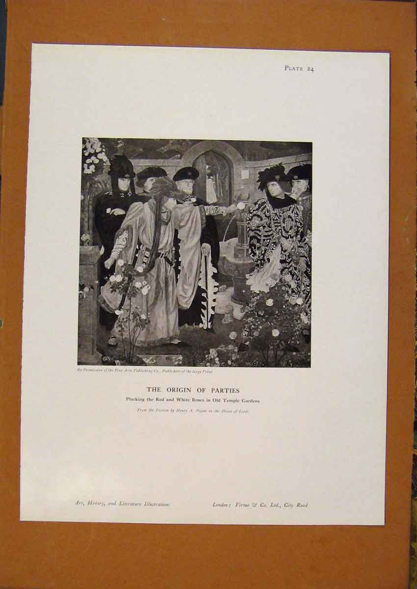 Original Old Antique Print Art History The Origin Parties Plucking Roses