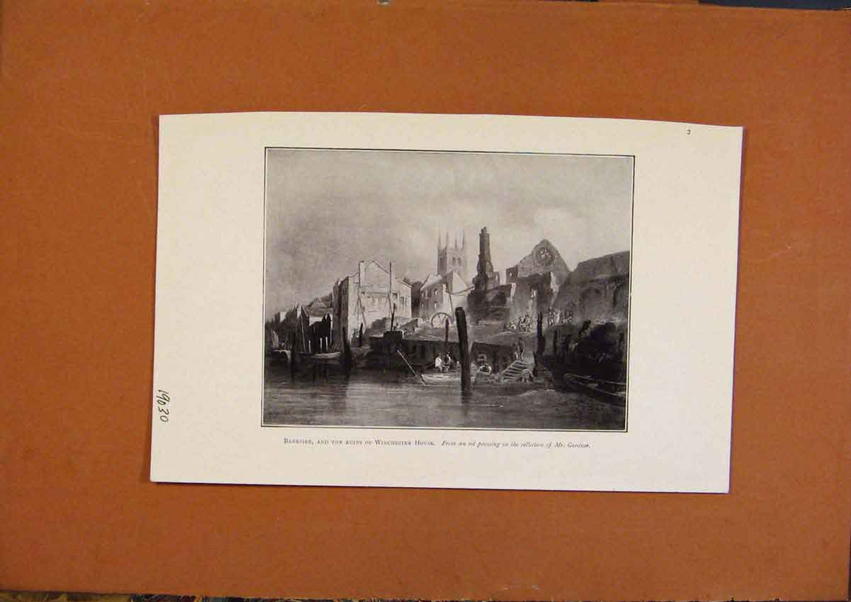 Original Old Antique Print Bankside Ruins Winchester House