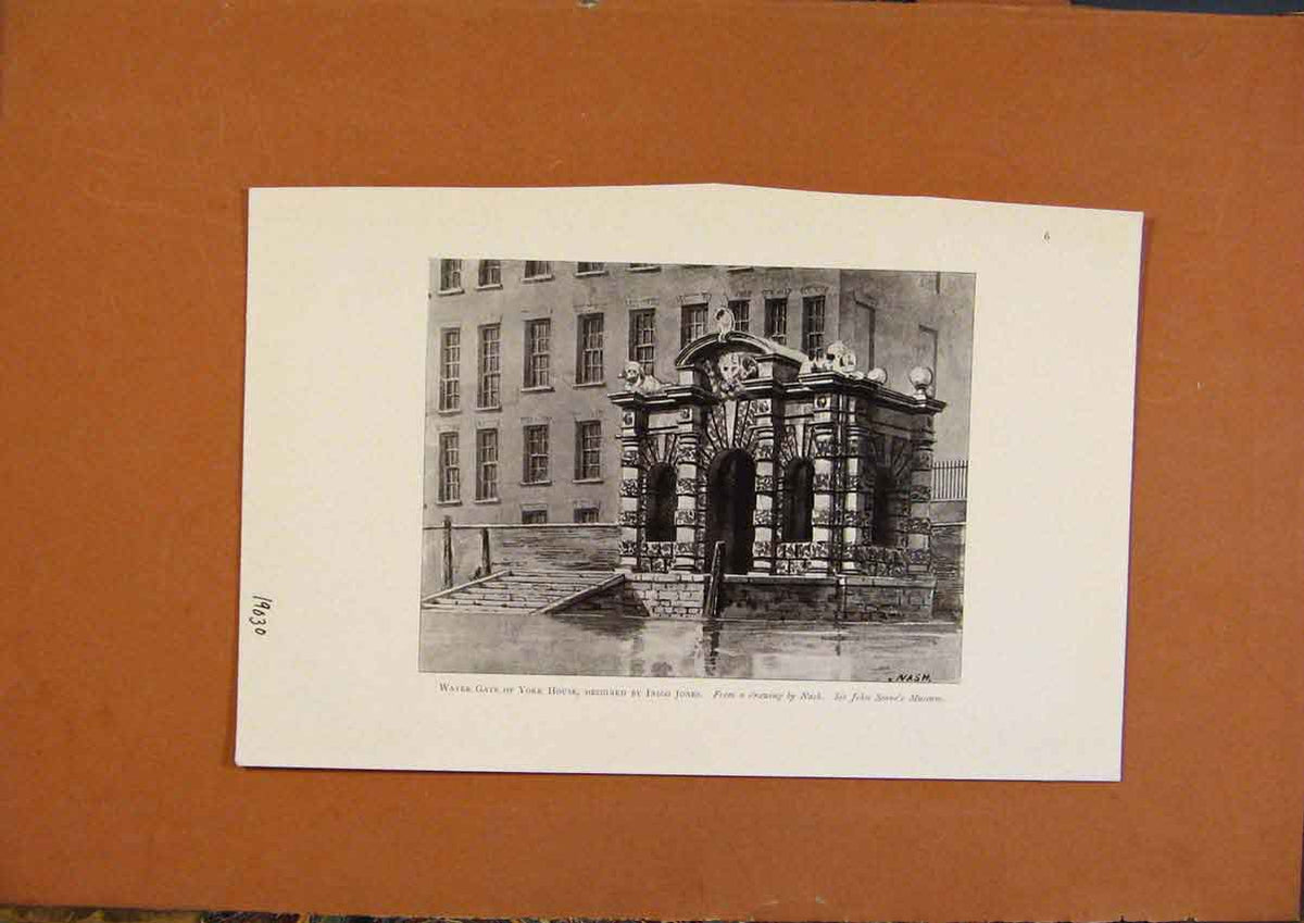 Original Old Antique Print Water Gate Yor House