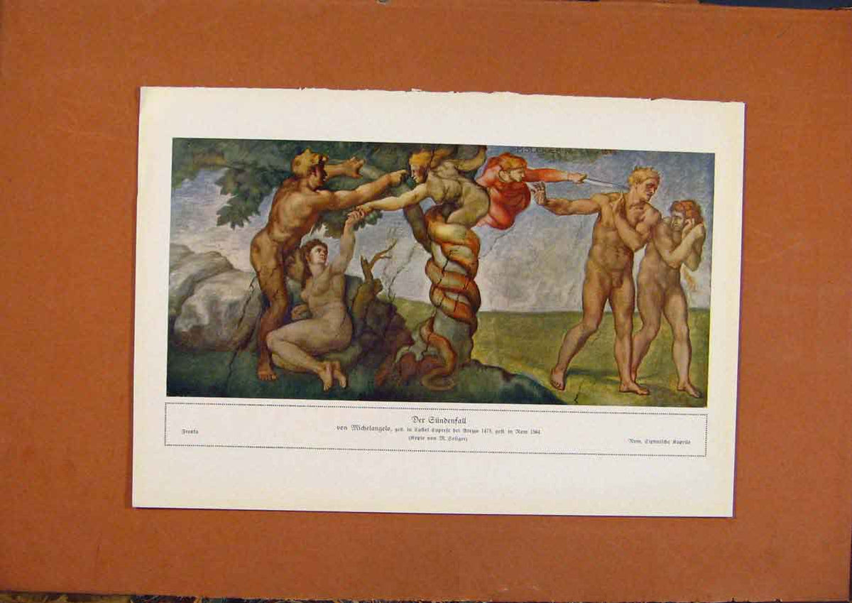 Original Old Antique Print German Art Der Gundenfall Color C1902 20th Century