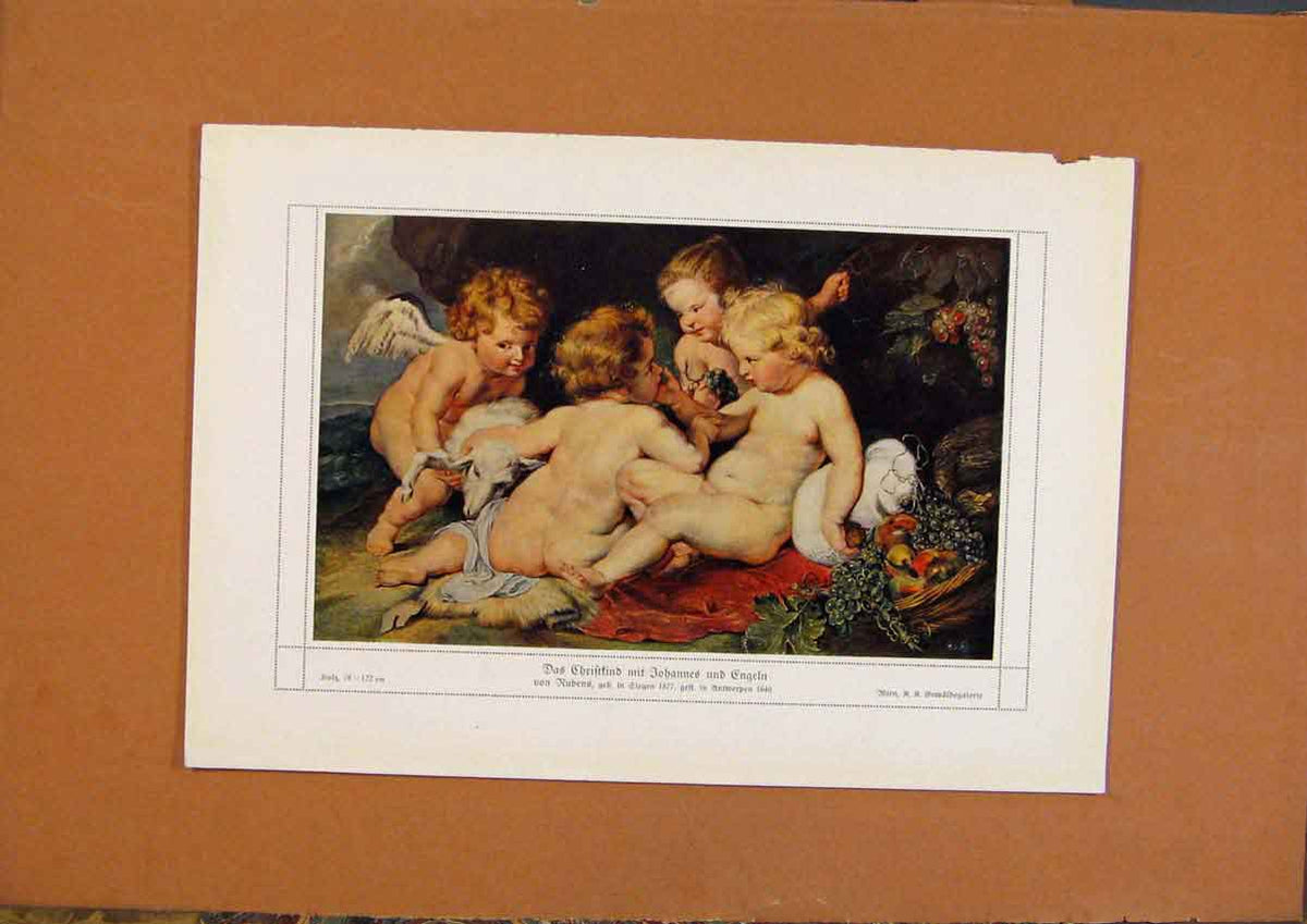 Old Antique Print German Art Das Chrifttind Mit Johannes Und Engeln C1902 20th