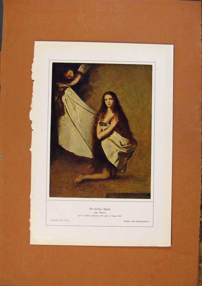 Original Old Antique Print German Art Die Heilige Ugnes Color Fine Art