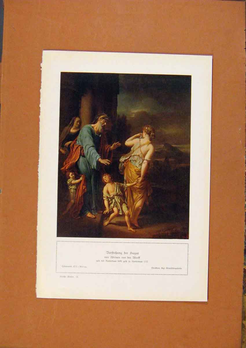 Original Old Antique Print German Art Berstobung Der Hagar Color C1902 20th