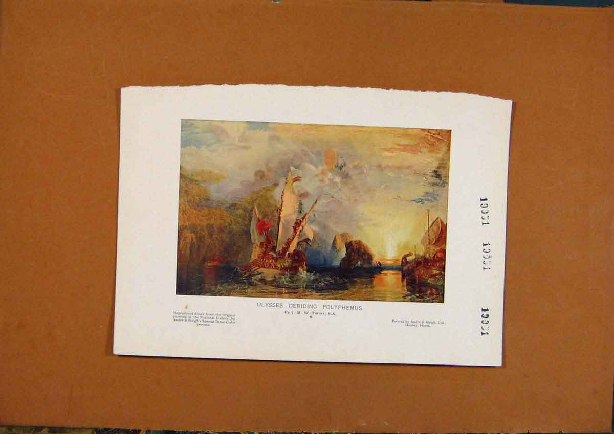 Original Old Vintage Print C1880-1924 Ulysses Deriding Polyphemus 19th