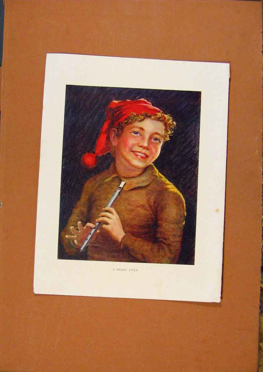 Original Old Vintage Print C1880-1924 Merry Piper Color Fine Art 19th
