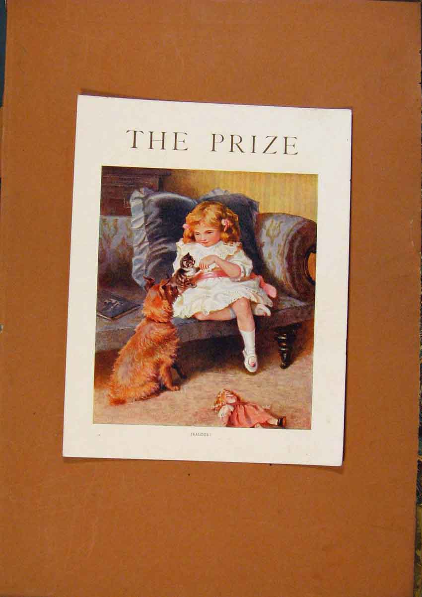 Original Old Vintage Print C1880-1924 The Prize Jealous Color Art 19th