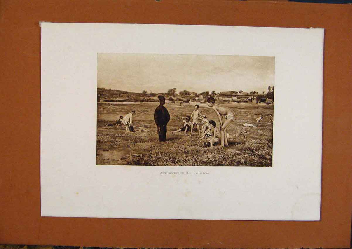 Original Old Antique Print Salon 1888 Anthonissen L'Intrus Boys Playing Fine Art